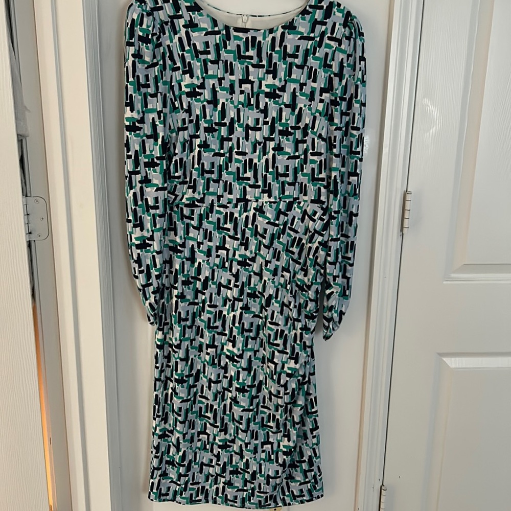 Eliza J. Abstract Print Long Sleeve Ruched Sheath Dress Size 12 Blue Teal Gray